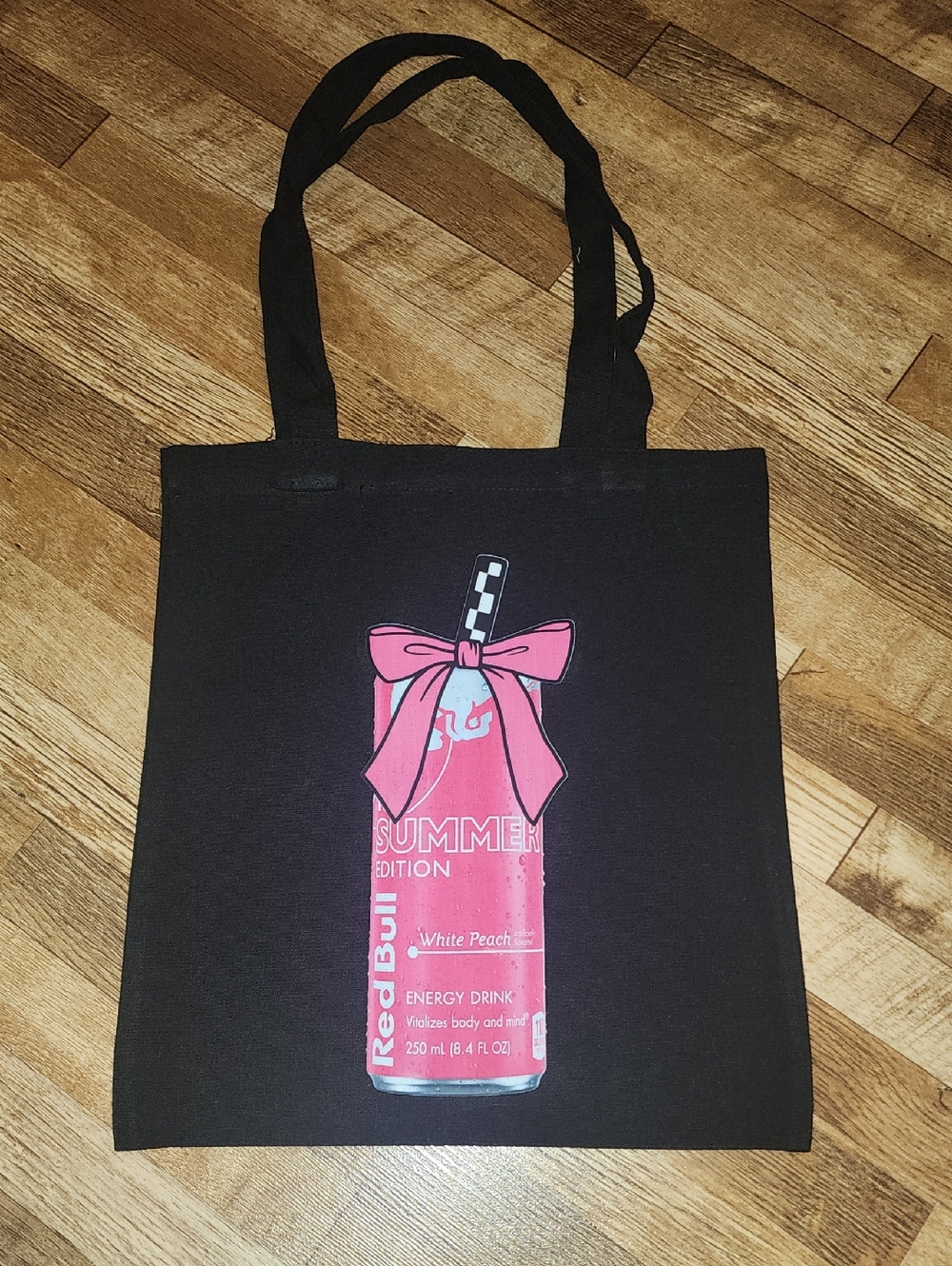Black Tote Bag with Pink Redbull Can Graphic. 13x15